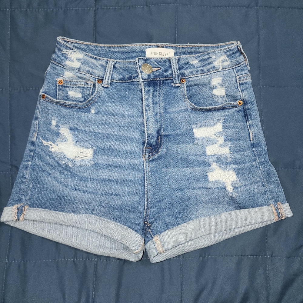 Blue Savvy High Rise Distressed Denim Shorts Size 5/27 Rolled Hem Casual Jean